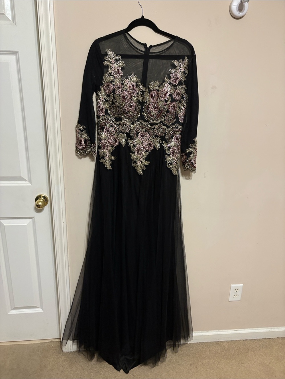 Embroidered Black Maxi Dress with Pink & Gold Floral Detail